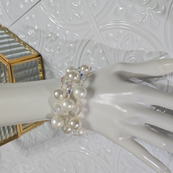 Vendome Faux Pearl and Faceted AB Aurora Borealis Three Strand Vintage Bracelet